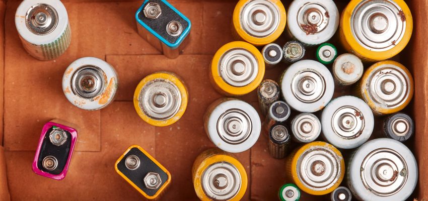 Discharged batteries in cardboard box. Collecting used batteries to recycle. Waste recycling